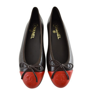 Chanel 26S Dark Brown Red Leather CC Logo Cap Classic Ballet Ballerina Flat 39